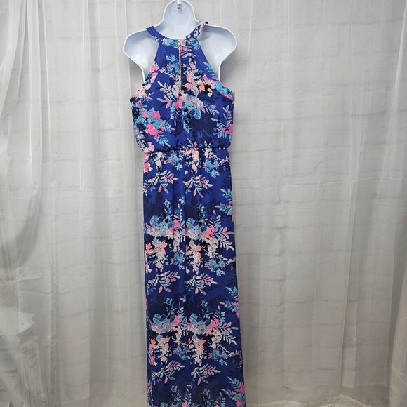 Xhiliration Blue Pink Floral Tropical Sleeveless Maxi Dress L - Picture 6 of 12